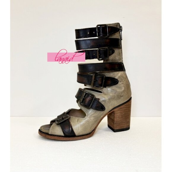 Freebird Steven Bond Stone Leather Distressed Strappy Edgy Buckles Ankle Chunky - Picture 8 of 16